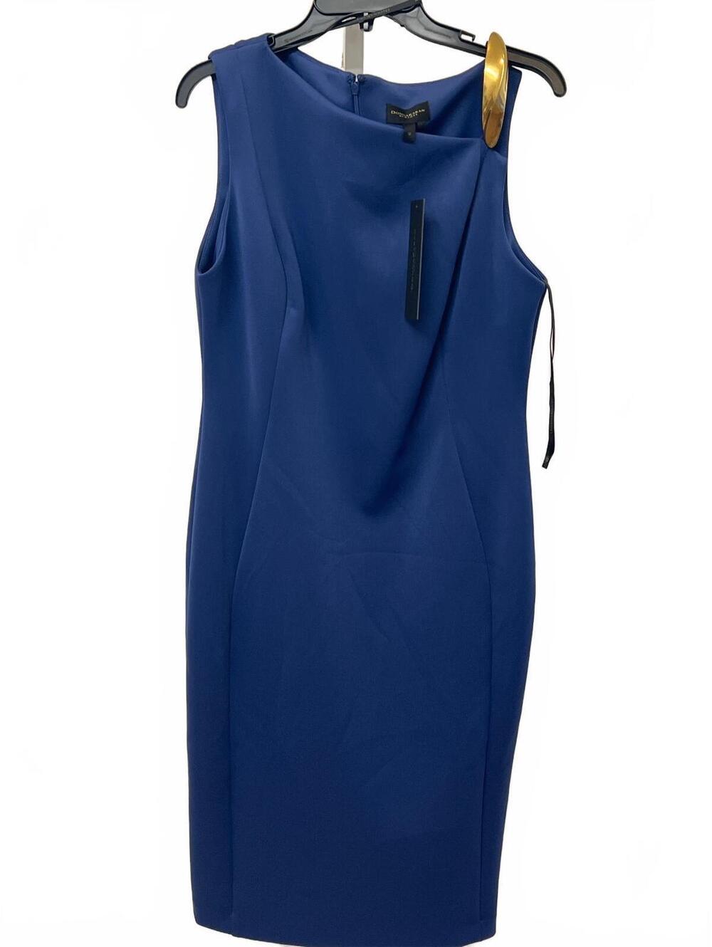 DONNA KARAN NAVY ONE-SHOULDER ASYMMETRIC MIDI SHEATH DRESS